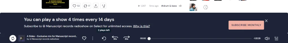 Ограничение на повторное прослушивание одного и того же сета (информация на кнопке) - Mixcloud