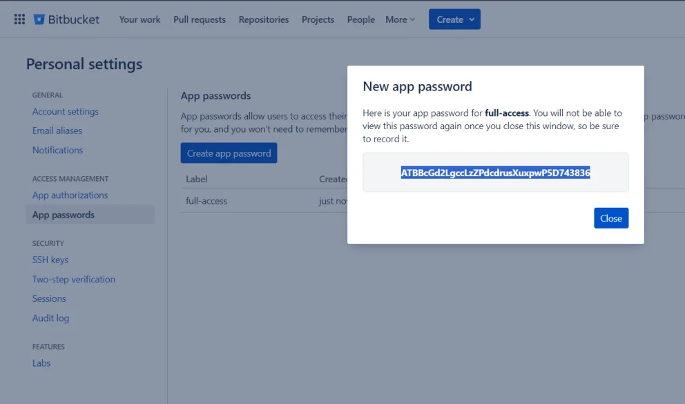 App Passwords page - Bitbucket