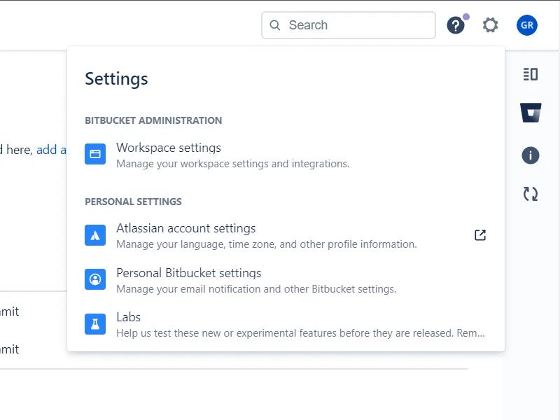 Settings menu - Bitbucket