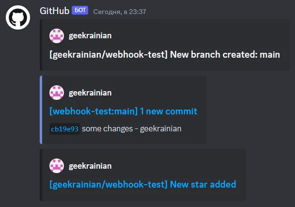 Example Discord webhook messages