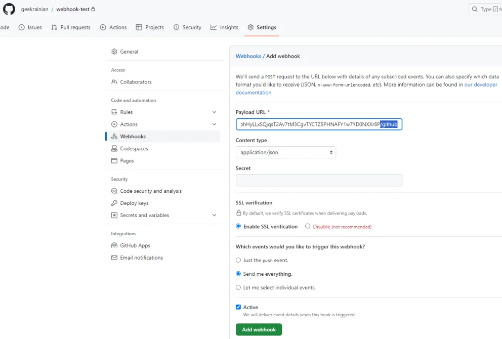 Webhook menu in Github